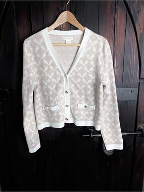 Cynthia Rowley Cream Patterned V-Neck Cardigan with Pocket Details